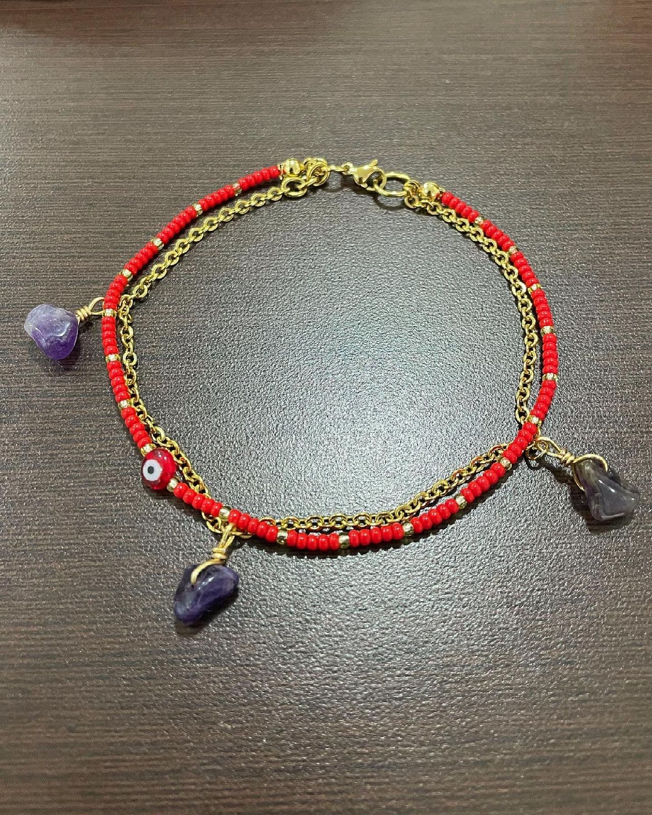 Tobillera en chaquira y acero inoxidable con Amatista